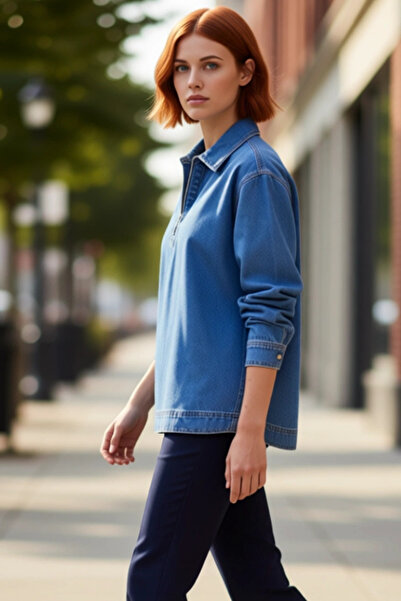 PayBuy Women's Oversized Cut Zipper Detail Long Sleeve Solid Color Denim Shirt the Key to Casual Style