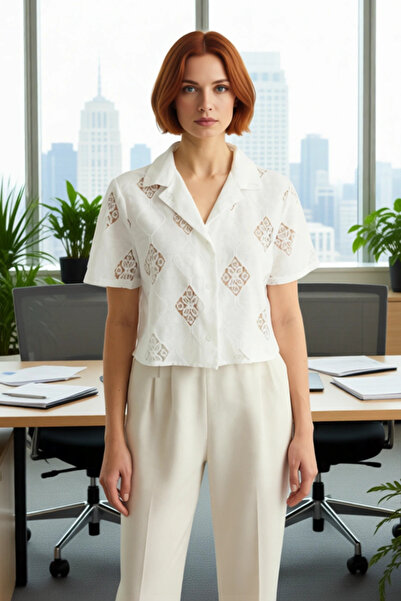 PayBuy Women's Summer Brode Woven Short Sleeve Jacket Collar Crop Cut Shirt Complements Your Stylish Casual Style