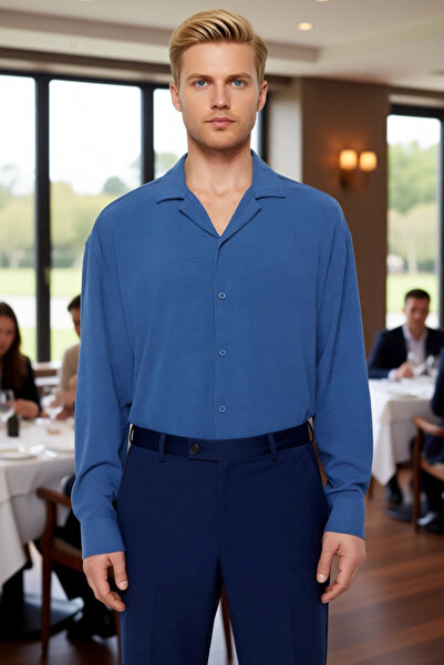 PayBuy Men's Oversized Fit Apache Collar Long Sleeve Plain Pattern Woven Linen Look Shirt Summer Style