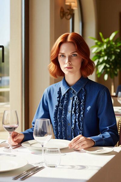 PayBuy Women's Ruffled High Neck Denim Shirt Functional Durable Quality Comfortable Aesthetic Stylish