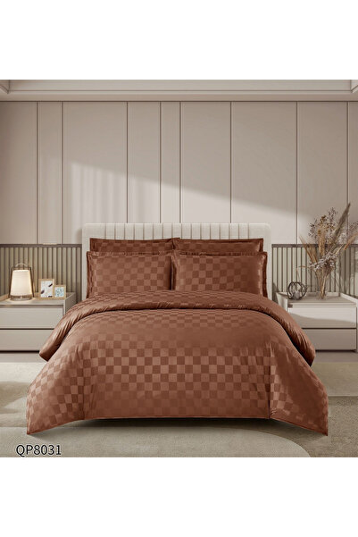 FIONNA.RO Lenjerii Din Damasc Satinat Cu Patratele 4 Piese Cu Elastic - Maro