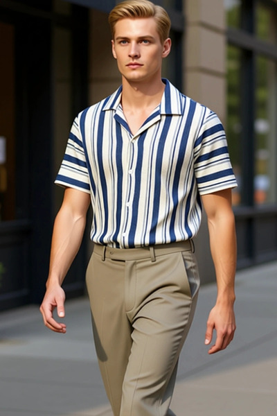 PayBuy Men's Striped Terry Cloth Apache Collar Shirt Functional Durable Quality Comfortable Aesthetic