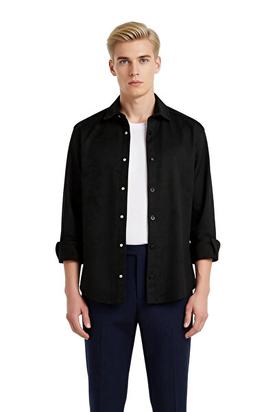 PayBuy Men's Suede Textured Solid Color Long Sleeve Shirt Modern Design Offering Everyday Elegance Quality