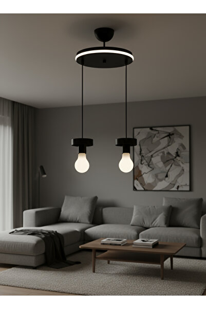 Eyzhen Salon/Oturma Odası /Mutfak/Hol Beyaz Neon Ledli Siyah Metal 2'li Sarkıt Avize