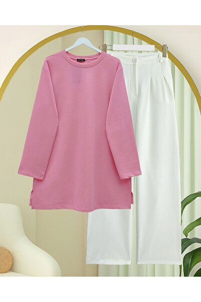 Modamorfo Round Neck Slit Casual Combed Cotton Tunic -Pink