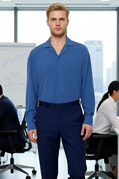 PayBuy Men's Oversized Fit Apache Collar Long Sleeve Plain Pattern Woven Linen Look Shirt Summer Style