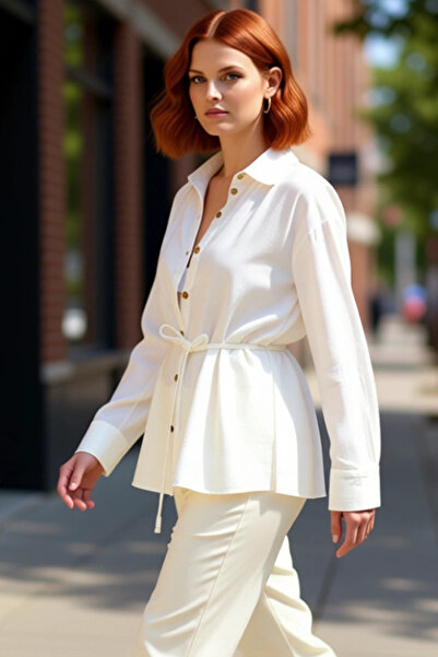 PayBuy Γυναικείο καλοκαιρινό λινό πουκάμισο oversized με λεπτομέρεια με κορδό...