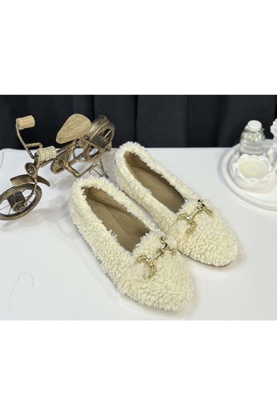 AYAKCİTY Women's Gold Buckle Winter Ballerina Shoes for Home and Outdoor Use