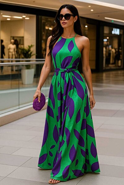 JustFab Stylish Green Maxi Dress with Purple Leaf Design