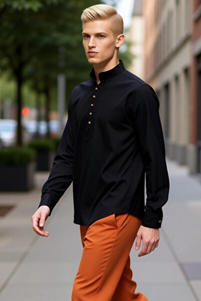 PayBuy Men's Slim Fit Hakim Collar Half Placket Long Sleeve Cotton Woven Linen Look Shirt Stylish