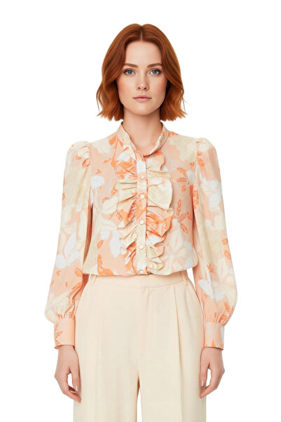 PayBuy Women's Floral Print Ruffle Detail Mock Neck Long Sleeve Regular Fit Woven Shirt Current Fashion