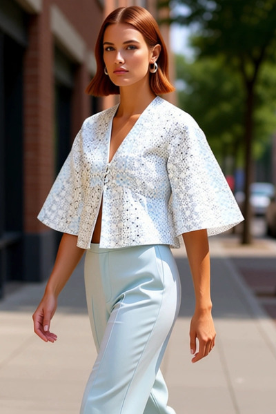 PayBuy Women's V-Neck Puff Print Three Quarter Sleeve Crop Shirt Functional D...