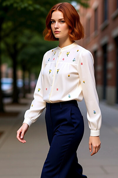 PayBuy Women's Floral Embroidery Detailed Mock Neck Long Sleeve Cotton Woven Shirt Casual Elegance Quality