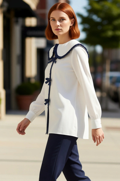 PayBuy A Must-Have in Women's Wardrobe Peter Pan collar Long Sleeve Ribbon Detailed Woven Fabric Shirt Stylish