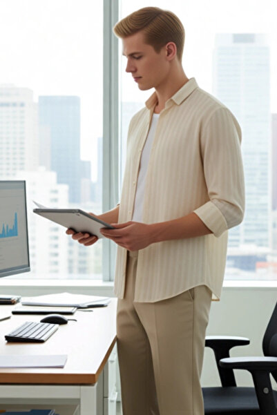 PayBuy Men's Regular Fit Striped Cotton Viscose Linen Blend Breathable Long Sleeve Shirt Stylish