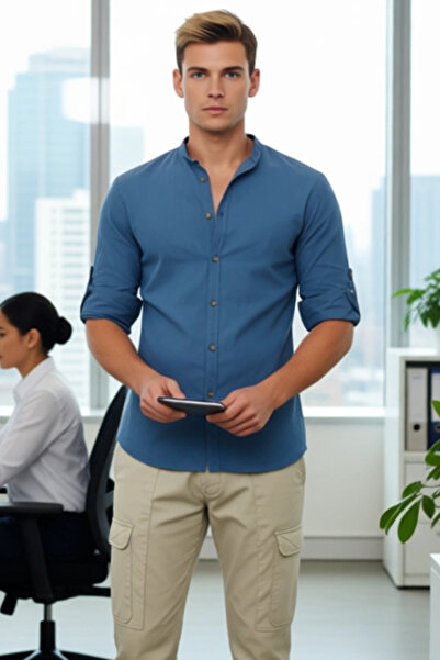 PayBuy Men's Slim Fit Judge Collar Plain Pattern Long Sleeve Cotton Linen Look Stylish Casual Shirt Sports