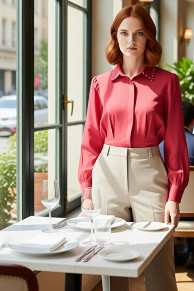 PayBuy Women's Waist-Fitted Pearl Detailed Woven Shirt a Complement to Your Stylish Look Aesthetic