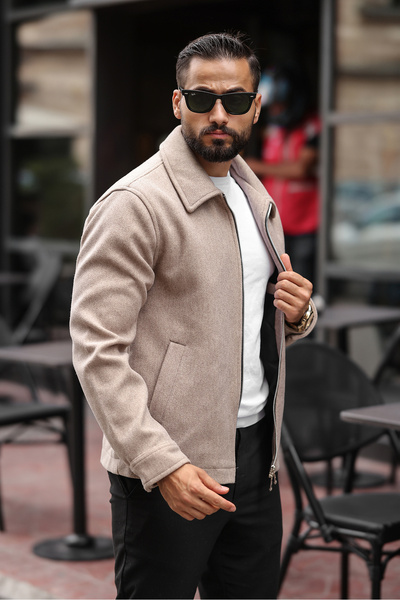 BASEL.CO Ανδρικό μπουφάν με διπλό φερμουάρ με λεπτομέρεια από καστανό