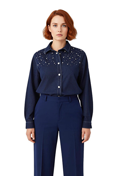 PayBuy Women's Plus Size Stone Embroidered Denim Shirt Combines Timeless and Comfort Functional Stylish