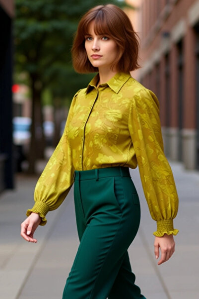 PayBuy Women's Floral Patterned Transparent Woven Long Sleeve Shirt with Gipeli Sleeve Detail, Comfortable Cut, Stylish