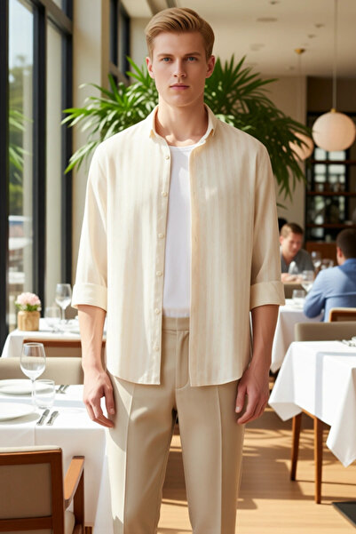 PayBuy Men's Regular Fit Striped Cotton Viscose Linen Blend Breathable Long Sleeve Shirt Stylish