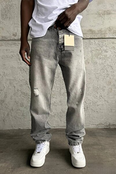 MADZEYMODA Men's Baggy Fit Ripped Detailed Denim Gray Jean Jeans Trousers Mz341