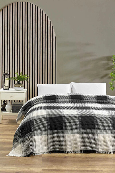 Mira Home غطاء سرير مزدوج منقوش باللون الأسود مقاس 200 × 230 سم