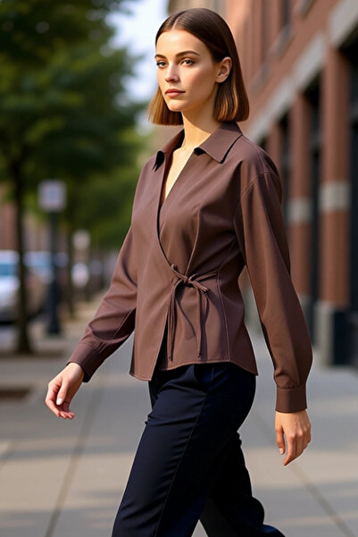 PayBuy Kadın Kruvaze Bağlama Detaylı Uzun Kollu Dokuma Gömlek Modern Şıklık F...