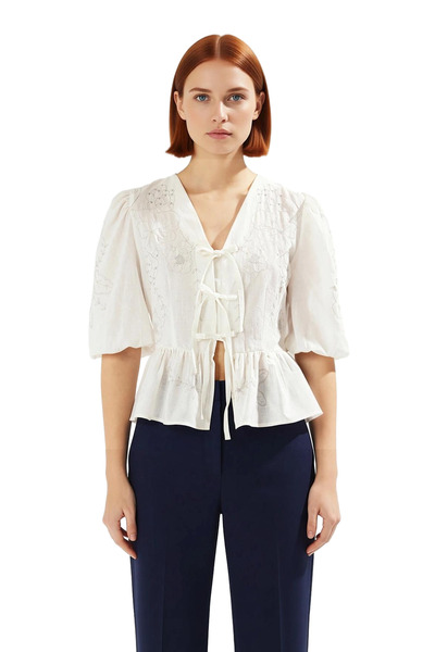 PayBuy Women's V-Neck Embroidered Lace-Up Peplum Blouse Functional Durable Quality Comfortable Aesthetic Stylish