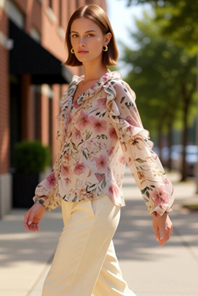 PayBuy Women's Chiffon Woven Floral Patterned Ruffle Detailed Long Sleeve V-Neck Shirt Elegance and Comfort