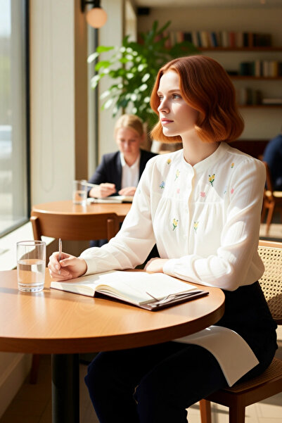 PayBuy Women's Floral Embroidery Detailed Mock Neck Long Sleeve Cotton Woven Shirt Casual Elegance Quality