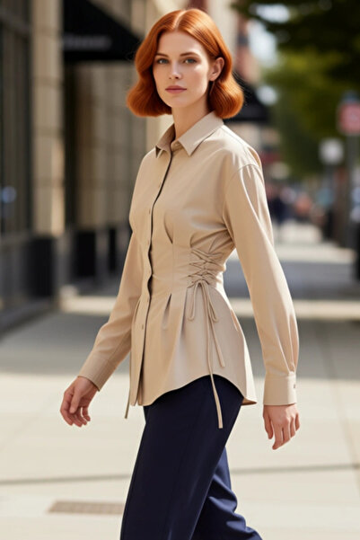 PayBuy Kadın Bel Bağlama Detaylı Uzun Kollu Dokuma Gömlek Günlük Şıklık Ve Ko...