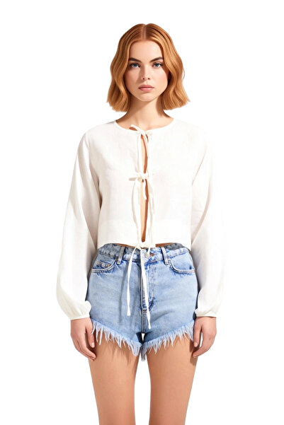 PayBuy Linen Woven Tie Detail Balloon Sleeve Women's Crop Shirt Beach and City Combination Option