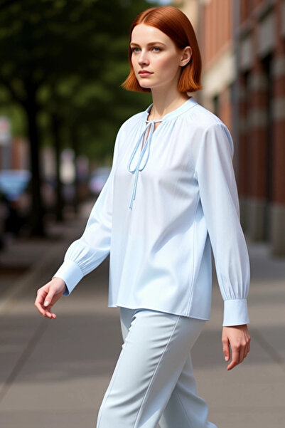 PayBuy Women's Lace-Up High Neck Long Sleeve Cotton Blouse Relaxed Fit Timeless Design Offering Everyday Elegance