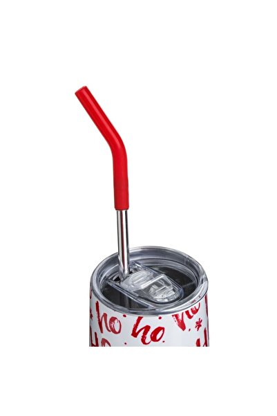 OEM White metal insulated cup with 'HO HO' print, straw and transparent lid, 350 ml