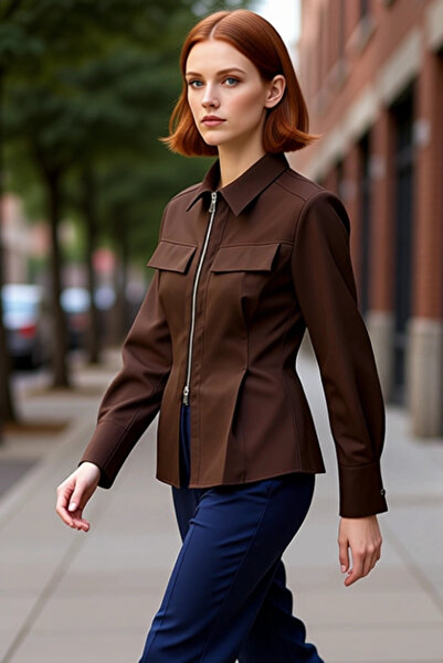 PayBuy Γυναικείο πουκάμισο με υφαντό φερμουάρ Gabardine, μακρυμάνικο, κανονική εφαρμογή, κομψότητα και άνεση, κομψό