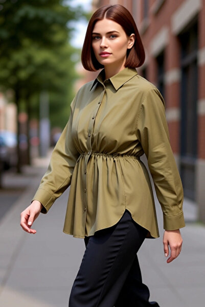 PayBuy Women's Drawstring Waist Detailed Long Sleeve Woven Shirt Plus Size Stylish and Comfortable Daily Wear
