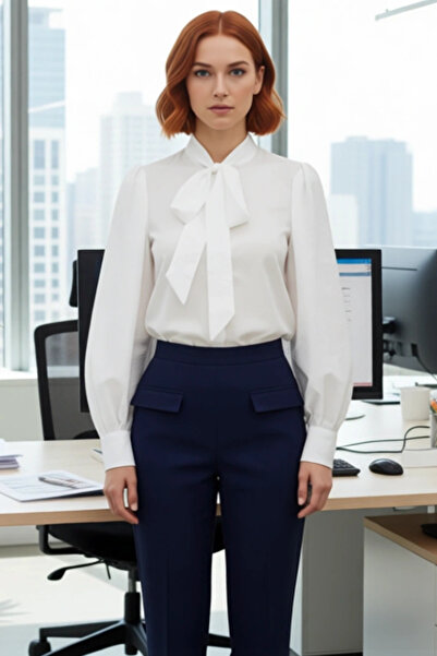 PayBuy Women's Scarf Detailed Halter Neck Regular Fit Long Balloon Sleeve Woven Shirt Stylish and