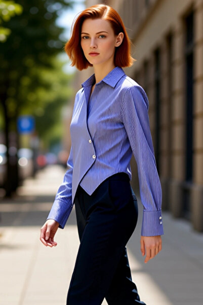 PayBuy Kadın Kruvaze Kesim Çizgili Uzun Kollu Şık Gömlek Bluz Vücuda Oturan Tasarım Günlük Kombinler