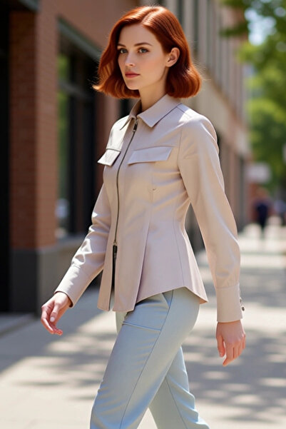 PayBuy Габардинна тъкан, цип, дамска риза с дълги ръкави, редовна кройка, еле...