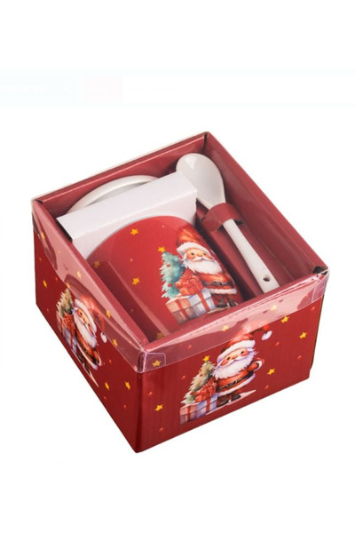 NBPRINT Christmas Mug with Lid & Spoon Set Santa Claus with Gifts 340ml - 3 pieces
