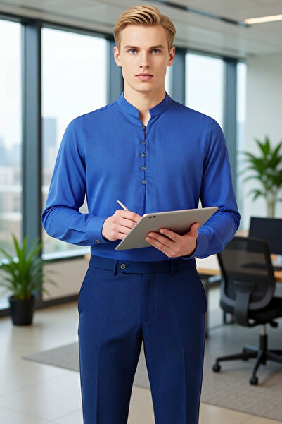 PayBuy Ανδρικό πουκάμισο εφαρμοστό με γιακά με μισό πάτο, μακρυμάνικο, βαμβακερό υφαντό λινό, κομψό