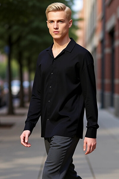 PayBuy Men's Oversized Fit Apache Collar Long Sleeve Plain Pattern Woven Linen Look Shirt Summer Style