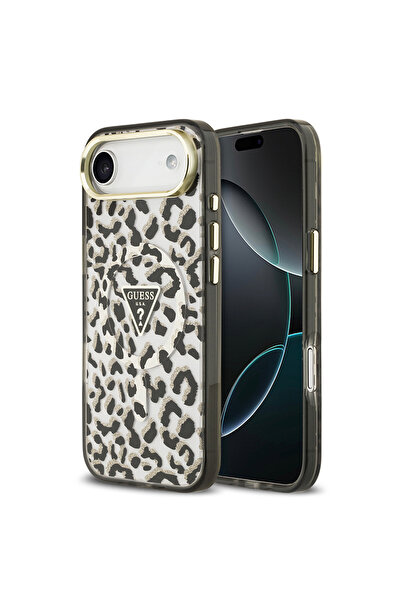 Guess iPhone 17 Air Compatible Case Licensed M-Safeli Triangle Logo Glitter Leopard Pattern Cover Black