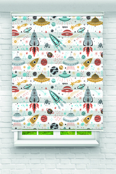 Yznhome Çocuk odası- Roketler ve Gezegenlerle Uzay Desenli Zebra Perde - YZN-...