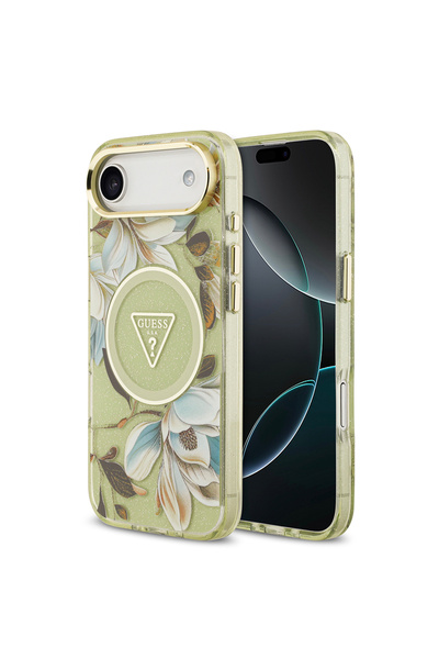 Guess iPhone 17 Air Case Licensed M-Safeli Glittery Floral Pattern Metal Camera Frame Cover Green