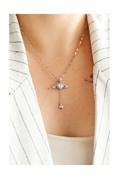 ATALYA ACCESSORY Melek Kanatlı Beyaz Kristal Kalpli Gümüş Renk Çelik Kolye - ...