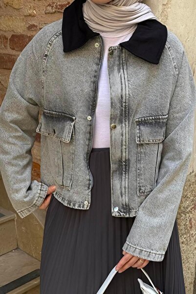 lamelif Snap Fastener Denim Jacket Gray