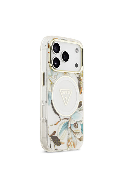 Guess iPhone 17 Pro Max Case Licensed M-Safeli Glittery Floral Pattern Metal Camera Frame White