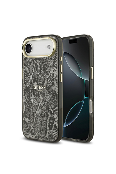 Guess iPhone 17 Air Compatible Case Licensed M-Safe Featured Python Pattern Cover with Text Logo Black